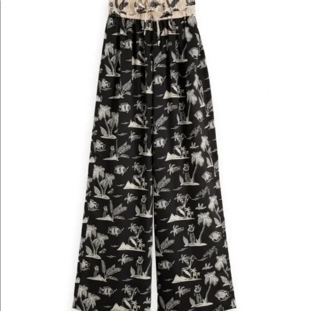 Scotch and Soda Wide Leg Pants Les Tropiques Black Cream Extra Small XS